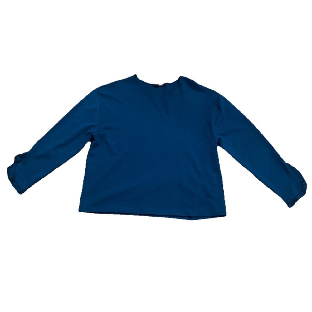 Zara Collection Women M Teal Blue Cropped Top Ruffle Hem Sleeve Minimalist Chic